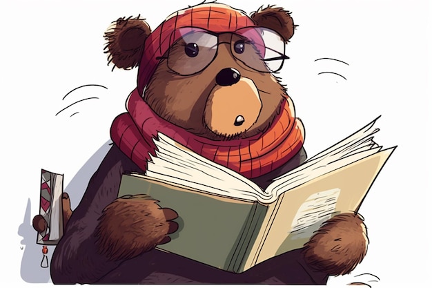 A cartoon bear with glasses reading a book.