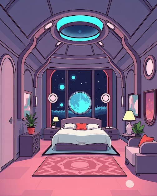 Photo cartoon bedroom with a bed and a couch in a space ship