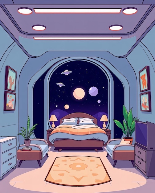 Photo cartoon bedroom with a bed and a rug in the middle of the room