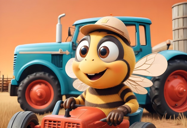 Photo a cartoon bee driving a blue tractor with a friendly expression and large eyes with white background