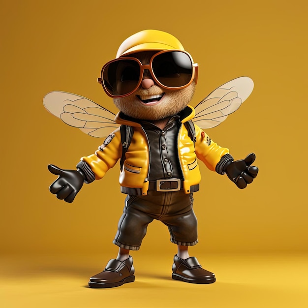 a cartoon bee posing with sunglasses on yellow background