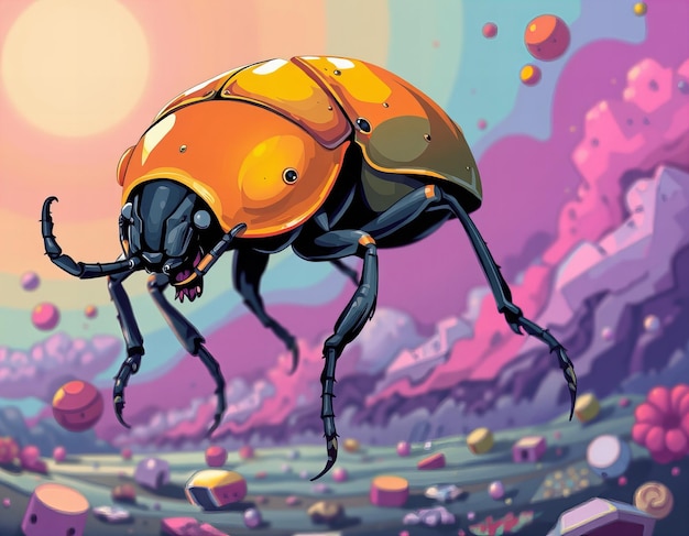 a cartoon of a beetle with a yellow shell and the word bug on it