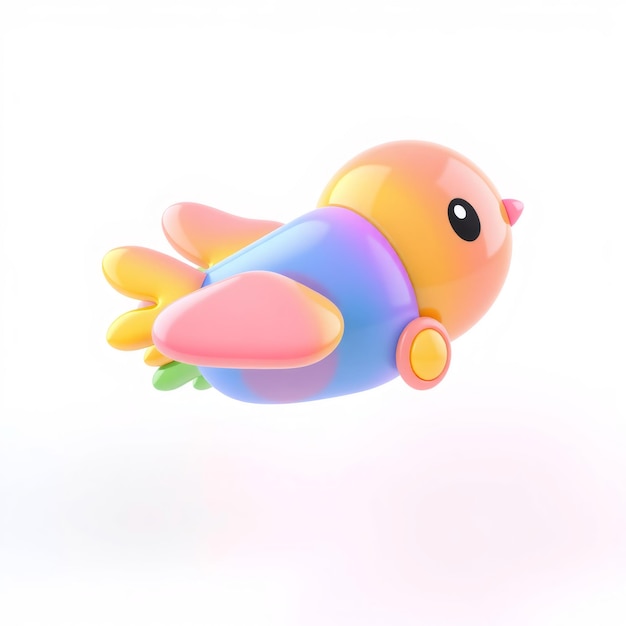 Cartoon bird character flying in midair with a colorful design