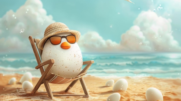 A cartoon bird is sitting in a beach chair with sunglasses on