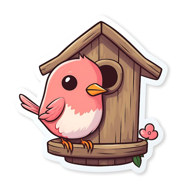 Photo cartoon bird sitting on a birdhouse with a flower in its beak