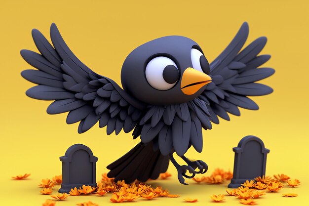 Photo cartoon bird with big eyes and wings spreads over grave stones