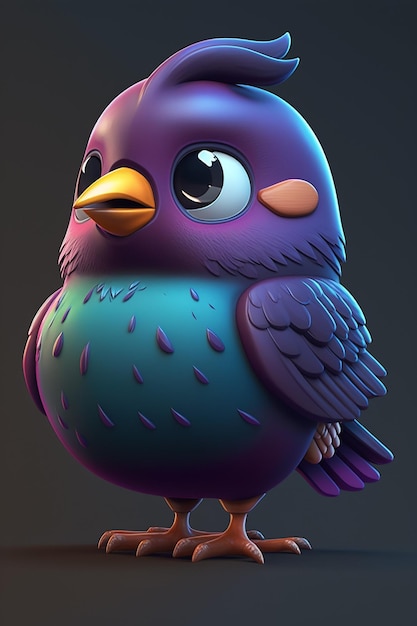 A cartoon bird with a blue and purple face and a yellow eye.