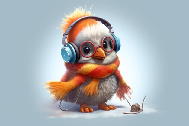 A cartoon bird with headphones and a scarf