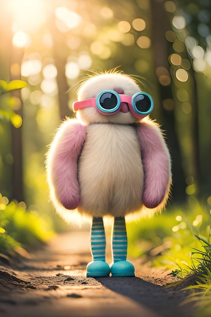 A cartoon bird with pink and blue striped socks and pink boots stands on a path in the woods.