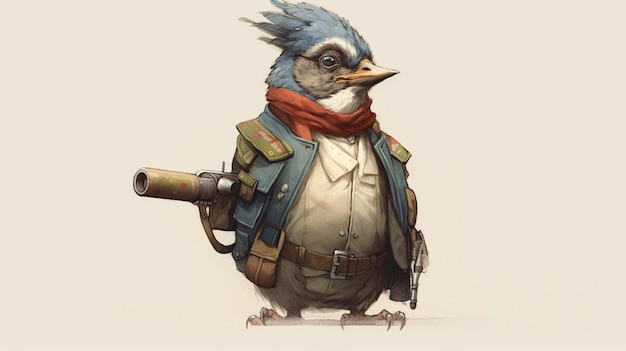 A cartoon bird with a vest that saysnext waron it