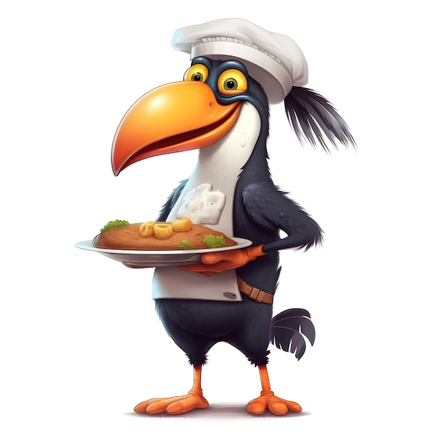 A cartoon bird with a white hat and a white hat holding a plate of food.