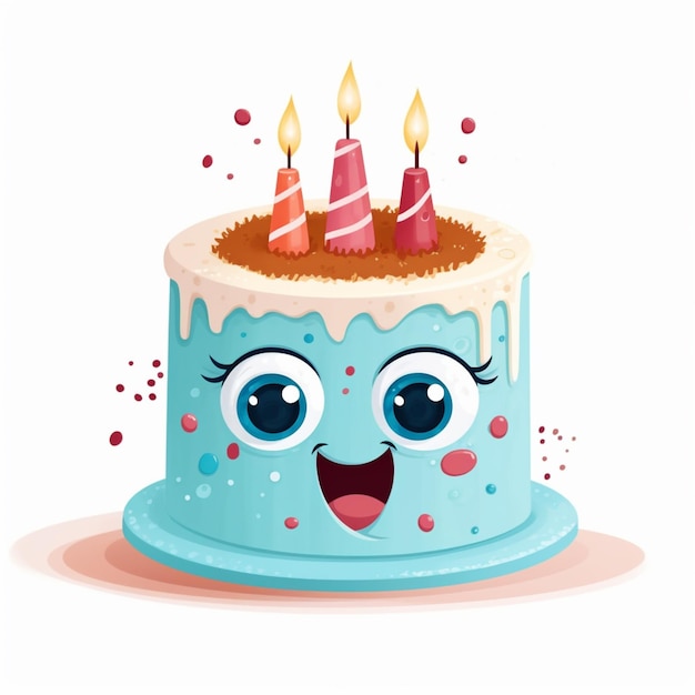 cartoon birthday cake with three candles and a happy face generative ai