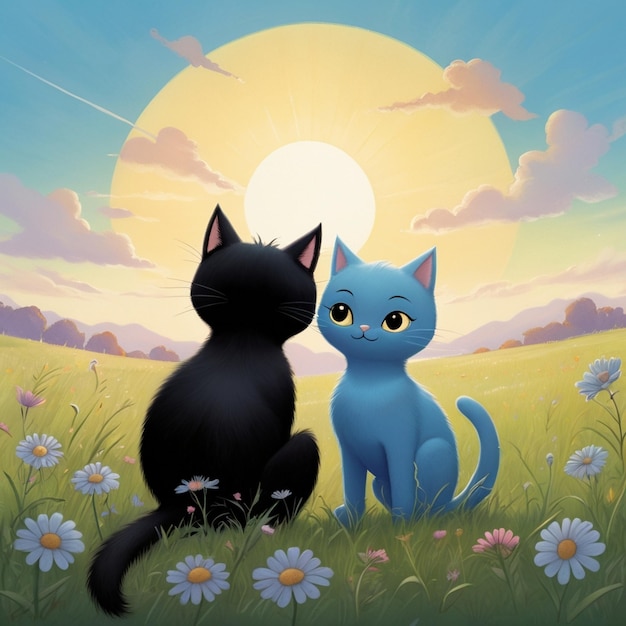 Cartoon black cat and bat on the full moon background