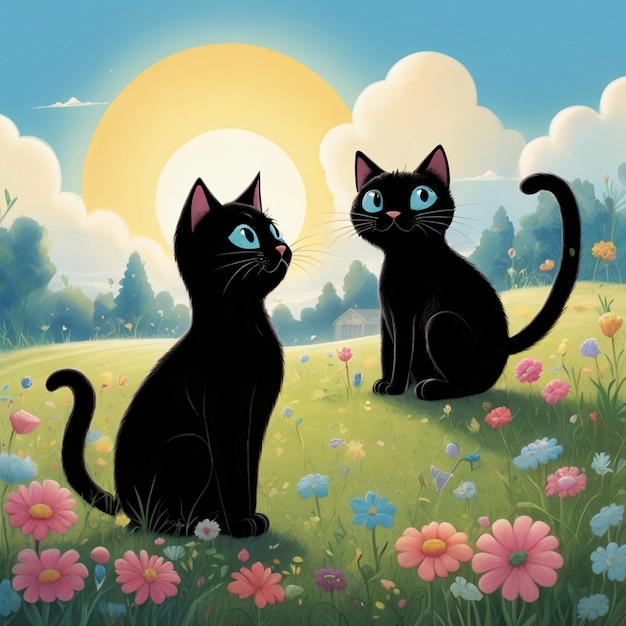 Cartoon black cat and bat on the full moon background