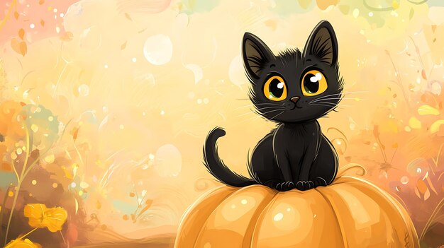 Cartoon black cat sitting on a pumpkin cute Halloween theme