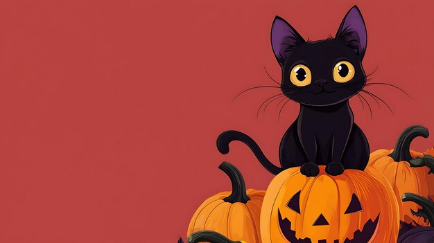 Cartoon black cat sitting on a pumpkin cute Halloween theme