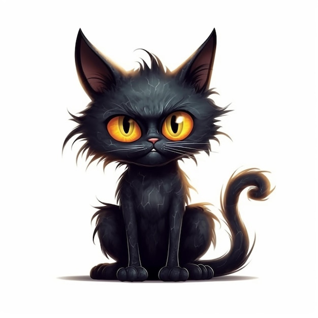 cartoon black cat with yellow eyes sitting on the floor generative ai