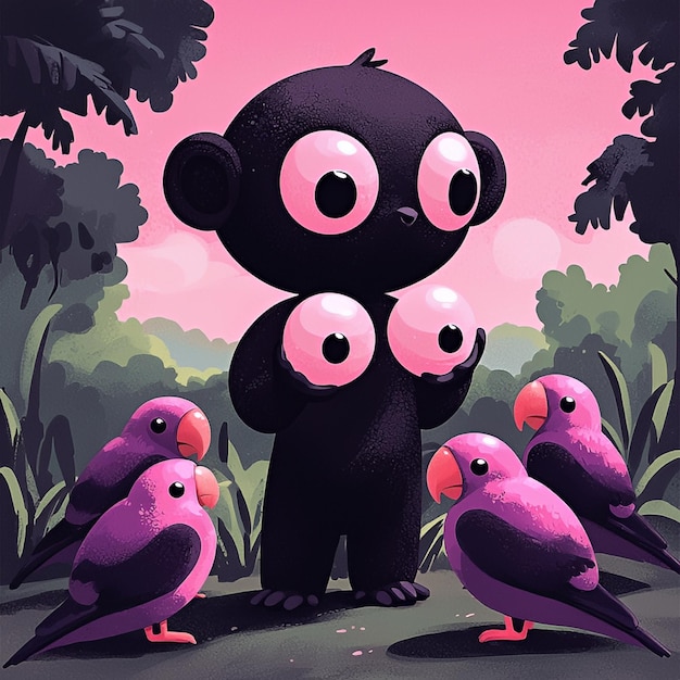 Cartoon Black Monster with Big Pink Eyes Surrounded by Pink Birds