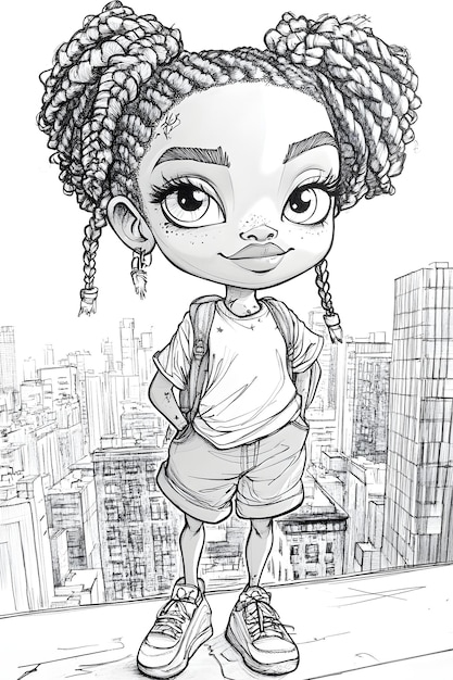 Photo cartoon black and white drawing of a cute african american girl