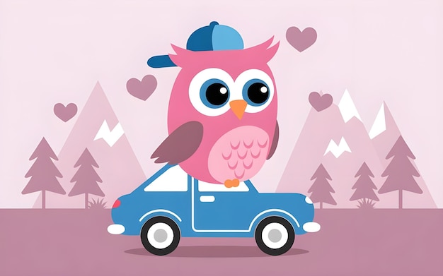 a cartoon of a blue car with a bird on the hood