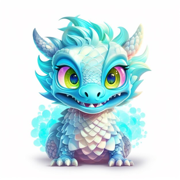 Cartoon blue dragon with big eyes and a white tail generative ai