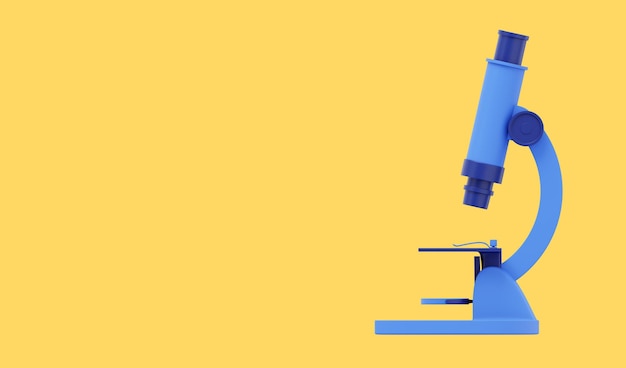 Cartoon blue microscope 3D rendering Icon on yellow background text space