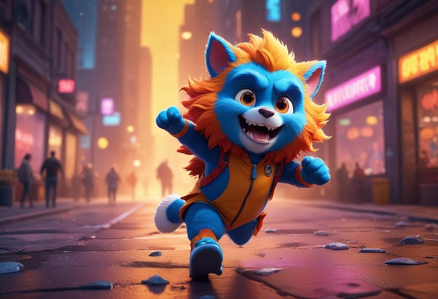 a cartoon of a blue wolf running down a street