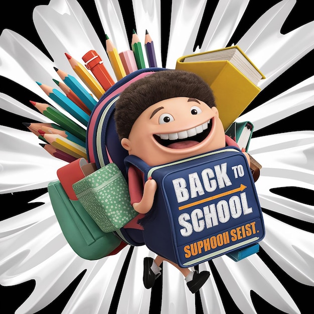 a cartoon boy carrying a book with a book that says back to school