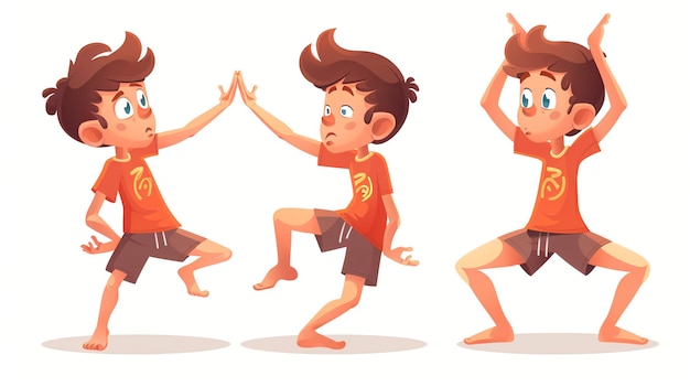 Photo cartoon boy character in three different poses standing highfiving and squatting