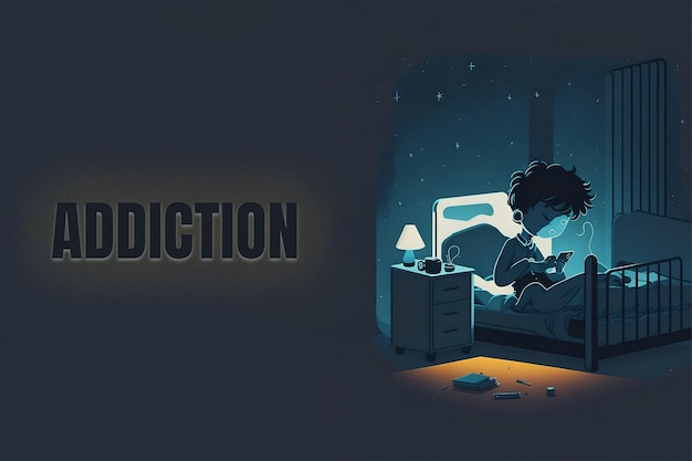 A cartoon of a boy in a dark room with the words addiction on the bottom.