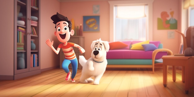 Cartoon boy and dog in a living room with a couch generative ai