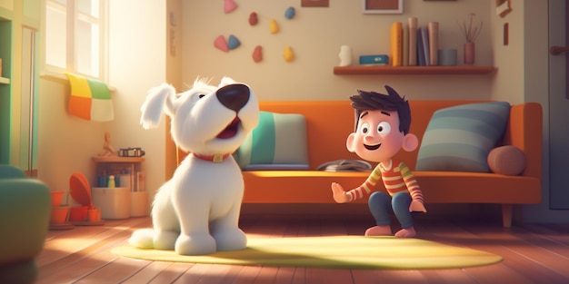 Cartoon boy and dog in a living room with a couch generative ai