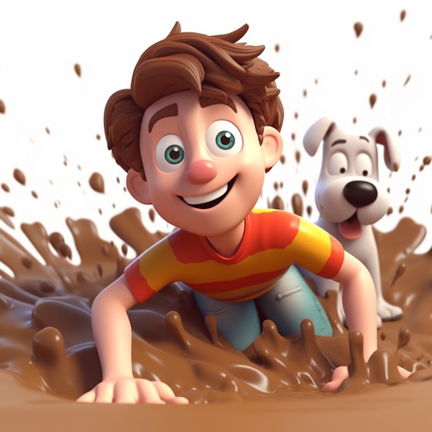 Cartoon boy and dog playing in mud with each other generative ai