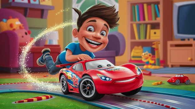 a cartoon of a boy driving a red car with a toy car on the front