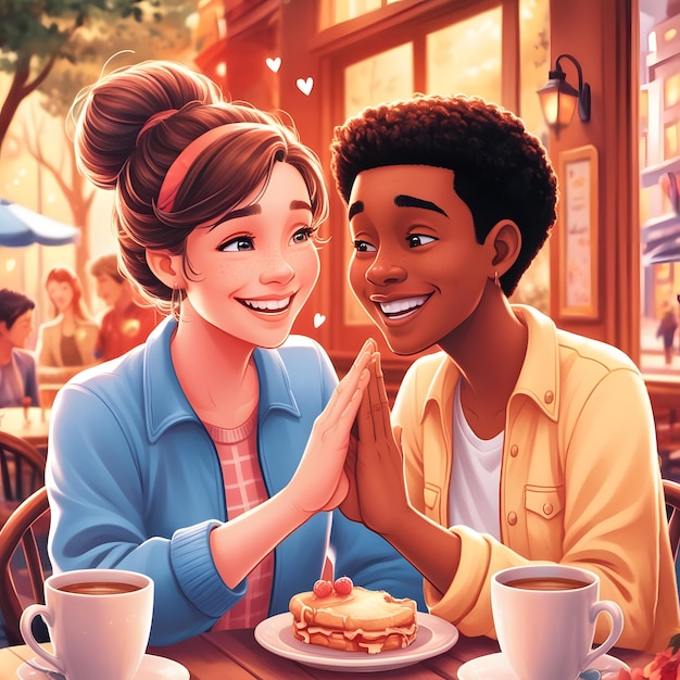 a cartoon of a boy and a girl smiling at a table with pancakes and coffee