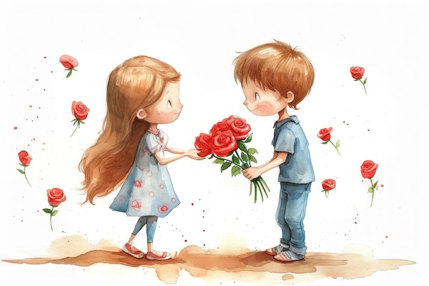 Cartoon boy giving a bouquet of scarlet roses to girl illustration childrens book white background