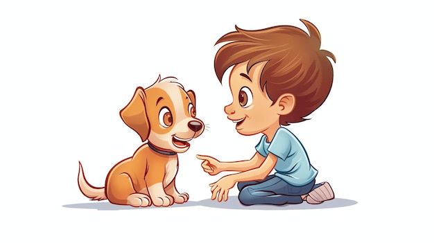 A cartoon boy and his puppy are smiling at each other