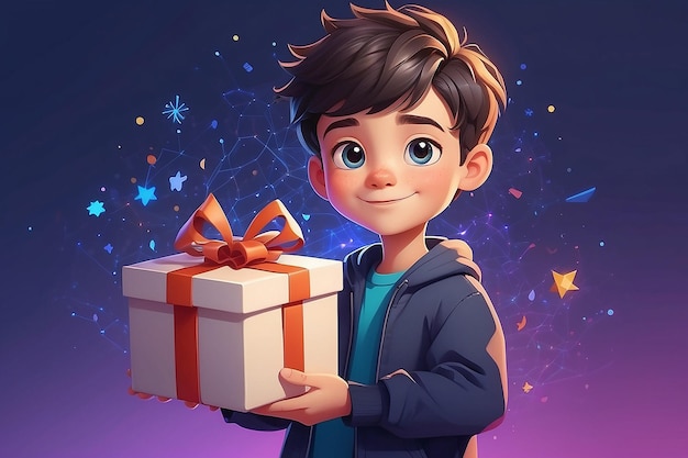 A cartoon boy holding a box with a gift in it generative ai