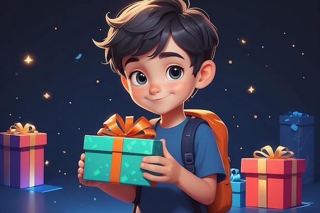 A cartoon boy holding a box with a gift in it generative ai