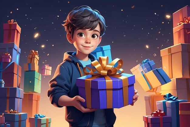 A cartoon boy holding a box with a gift in it generative ai