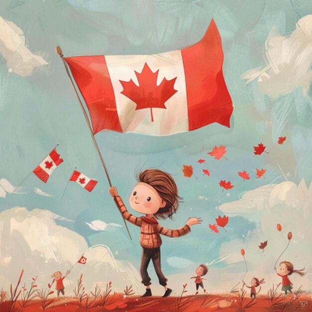 Photo a cartoon of a boy holding a flag that says canada