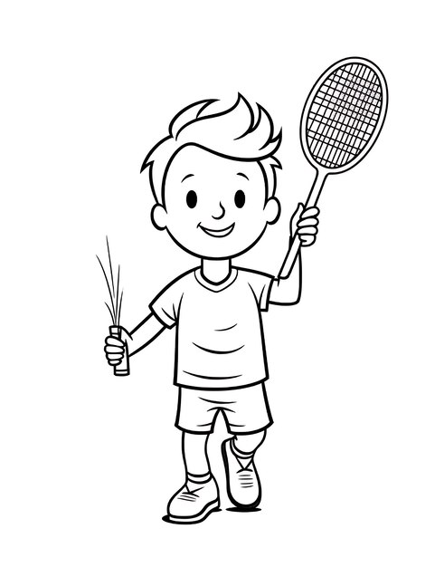 Photo a cartoon of a boy holding a tennis racket with a stick in his hand