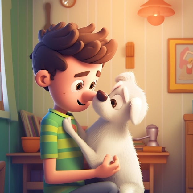 Cartoon boy holding a white dog in his arms generative ai