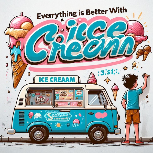 a cartoon of a boy and ice cream van with ice cream on the top