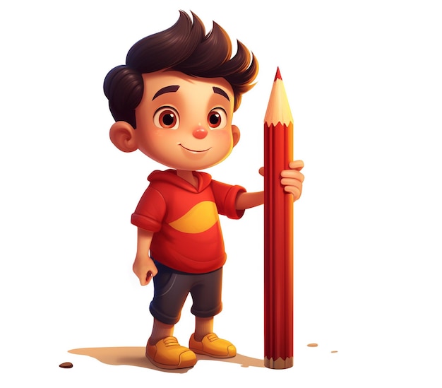 A cartoon boy is holding a huge pencil, education stock images