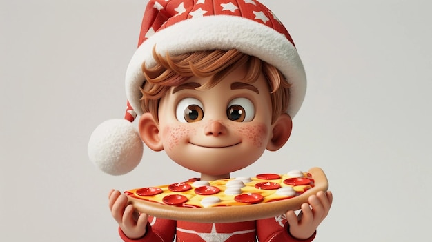 A cartoon boy is holding a slice of pizza