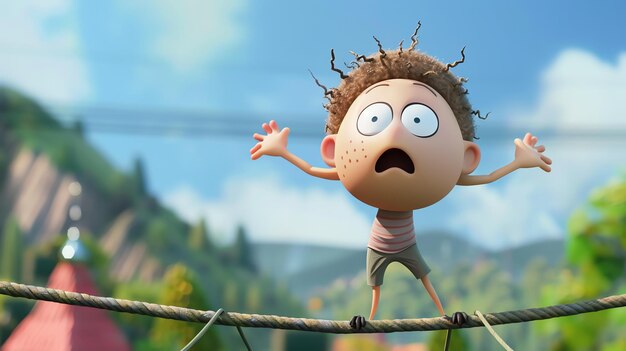 Photo a cartoon boy is scared while walking on a tightrope