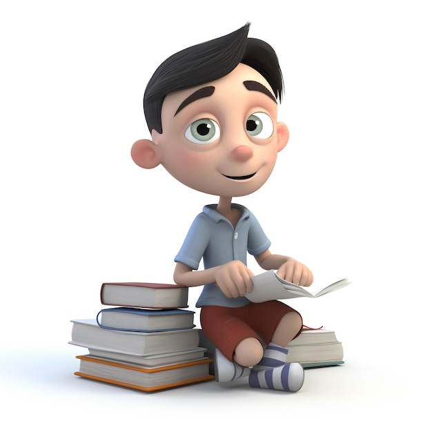 A cartoon boy is sitting on a pile of books and reading a book.