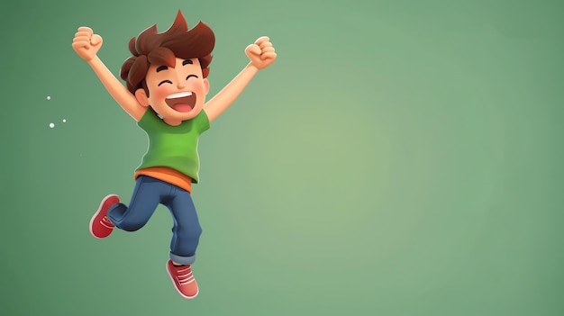 A cartoon boy jumps in the air with his arms raised and a big smile on his face