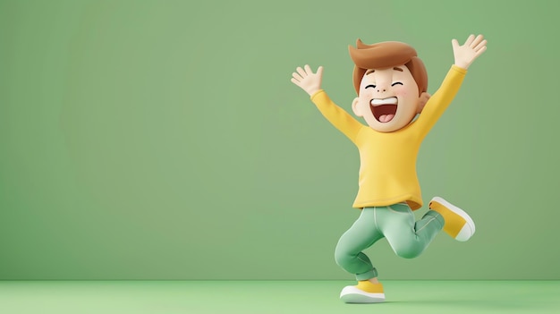 A cartoon boy jumps with his arms in the air